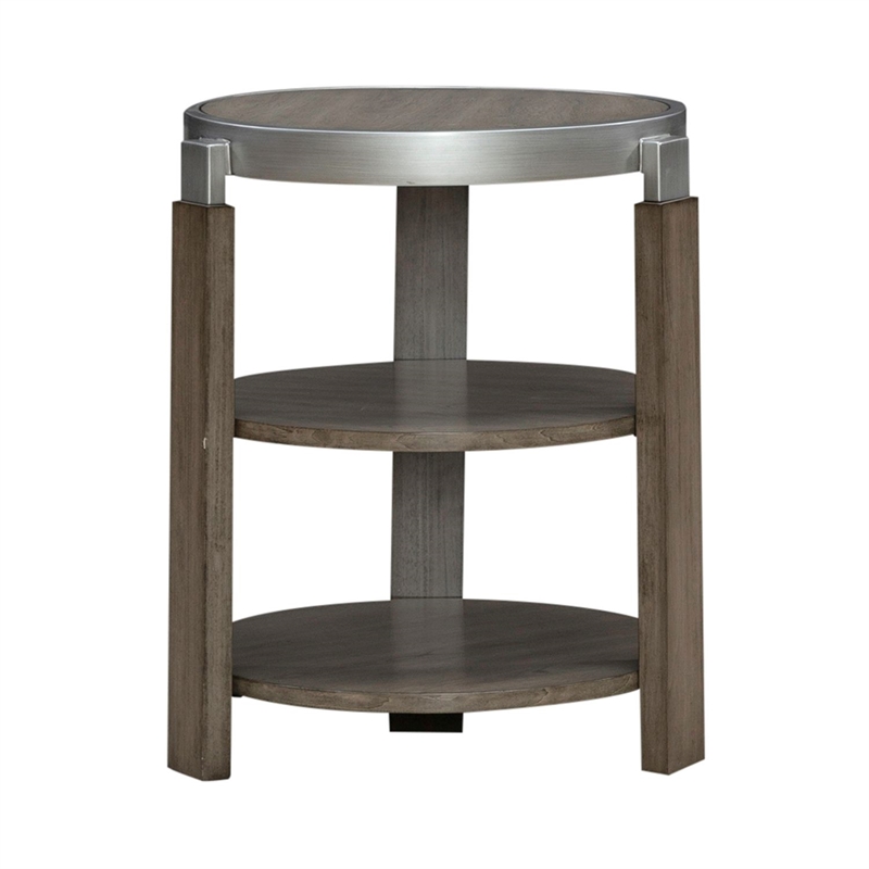 Pemberly Row Chairside Table with Inset Wood Top and Metal Trim in Brown