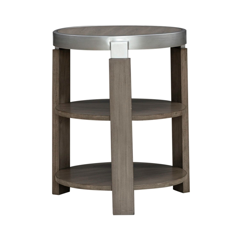 Pemberly Row Chairside Table with Inset Wood Top and Metal Trim in Brown
