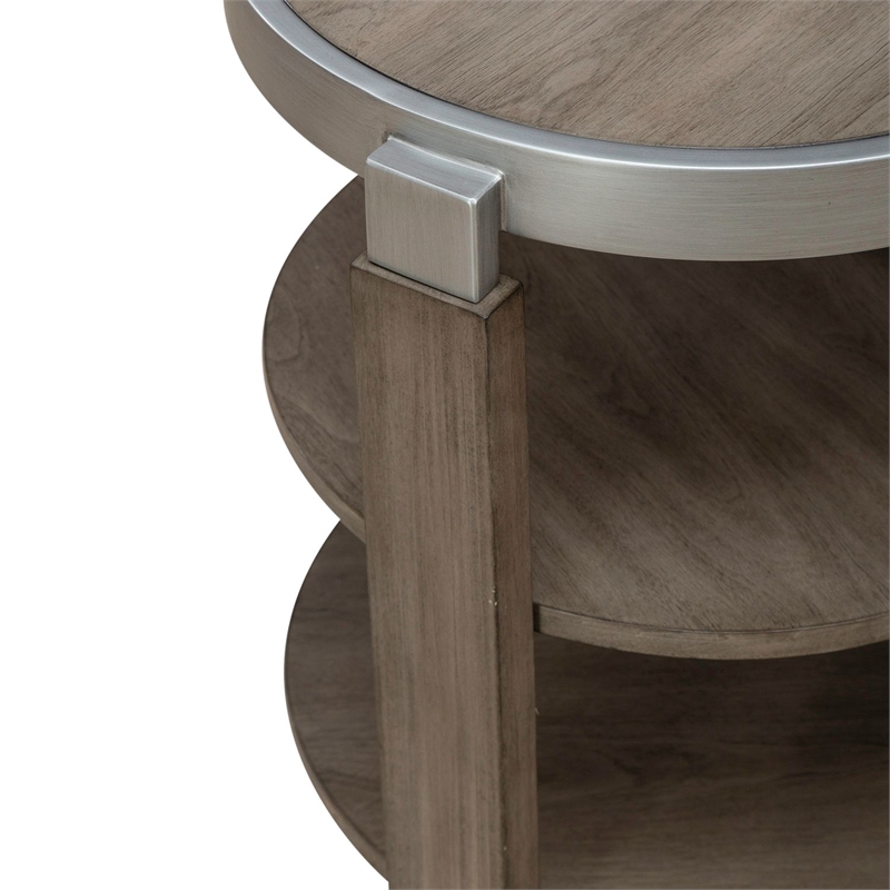 Pemberly Row Chairside Table with Inset Wood Top and Metal Trim in Brown