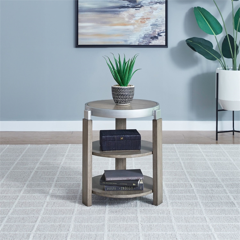 Pemberly Row Chairside Table with Inset Wood Top and Metal Trim in Brown