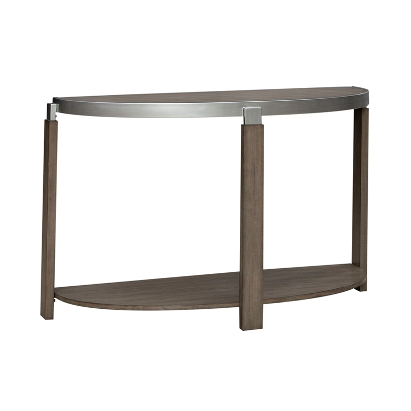 Pemberly Row Demilune Sofa Table with Metal Trim in Bleached Sand Finish