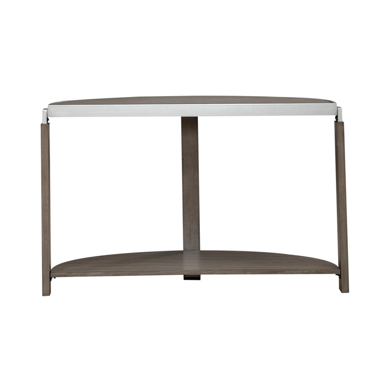 Pemberly Row Demilune Sofa Table with Metal Trim in Bleached Sand Finish