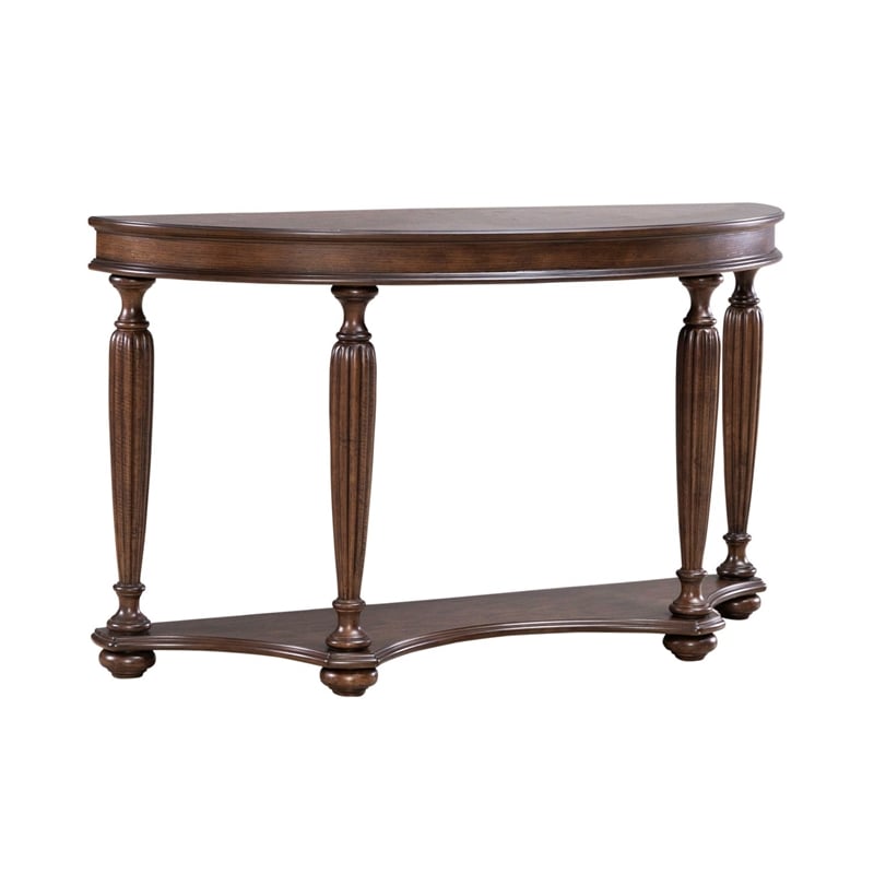 Pemberly Row Demilune Sofa Table with Satin Sienna Finish and Shelf