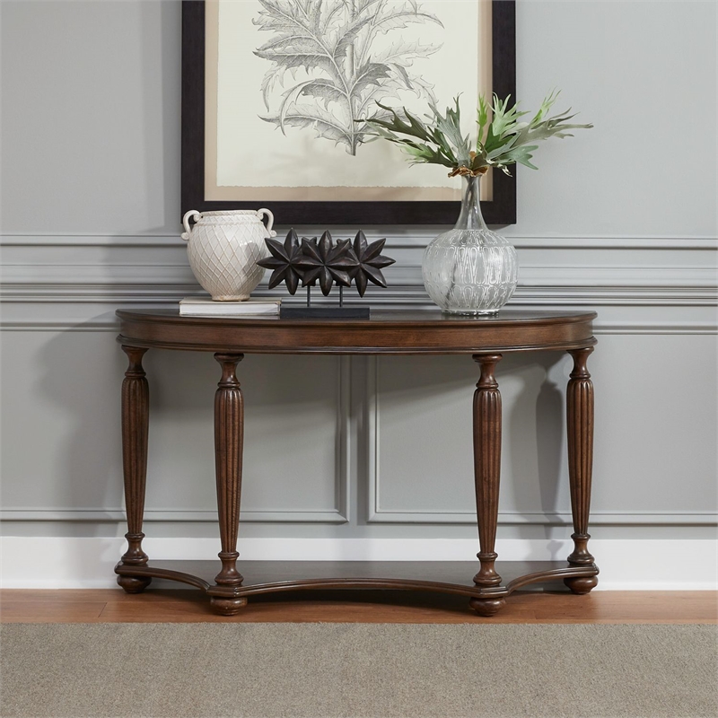 Pemberly Row Demilune Sofa Table with Satin Sienna Finish and Shelf