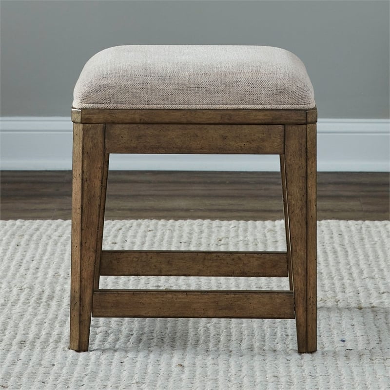 Pemberly Row 4 Piece Console Table Set with Upholstered Stools in Brown