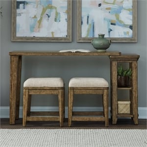 Pemberly Row 4 Piece Console Table Set with Upholstered Stools in Brown