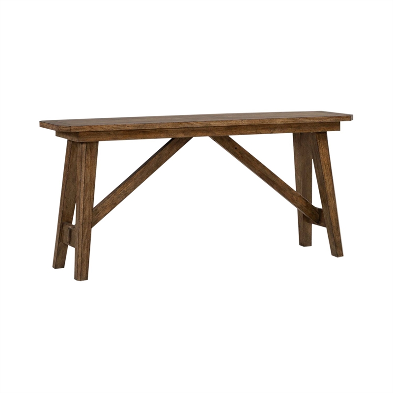 Pemberly Row Sofa Table with Fancy Face Veneer and Trestle Base in Brown