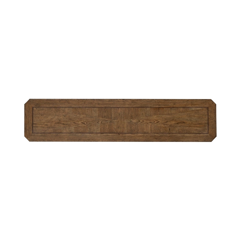 Pemberly Row Sofa Table with Fancy Face Veneer and Trestle Base in Brown
