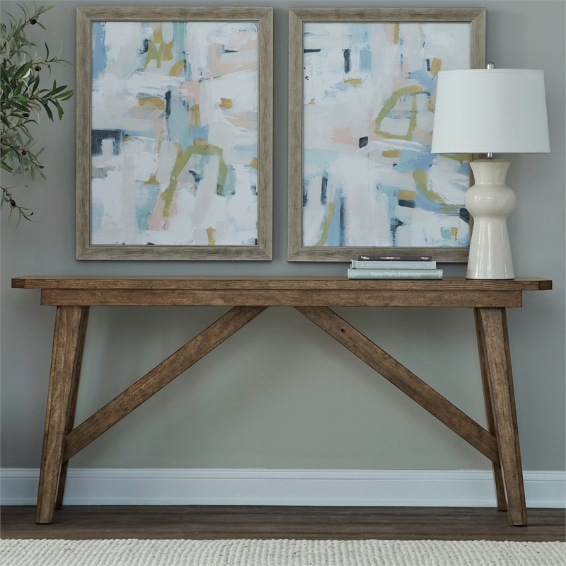 Pemberly Row Sofa Table with Fancy Face Veneer and Trestle Base in Brown
