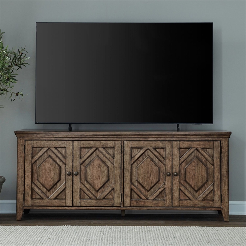 Pemberly Row 78 Inch TV Console with Hexagon Overlay Doors in Brown