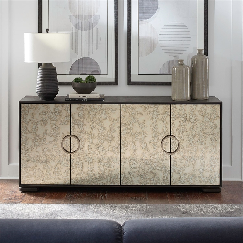 Pemberly Row 4 Door Mirrored Accent Cabinet with Bun Feet in Cappuccino