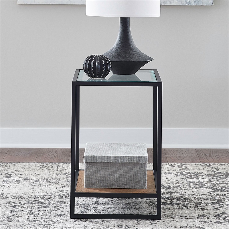 Pemberly Row Chairside Table with Tempered Glass Top and Metal Frame in Brown