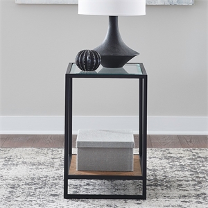 Pemberly Row Chairside Table with Tempered Glass Top and Metal Frame in Brown