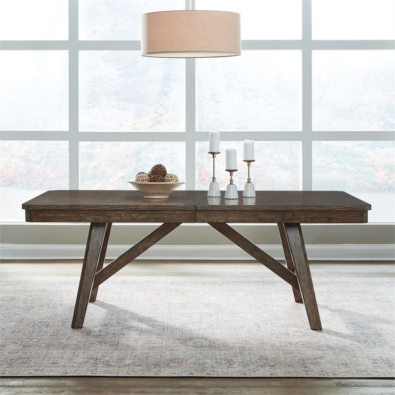 Pemberly Row Trestle Dining Table with 20 Inch Self Storing Leaf in Brown