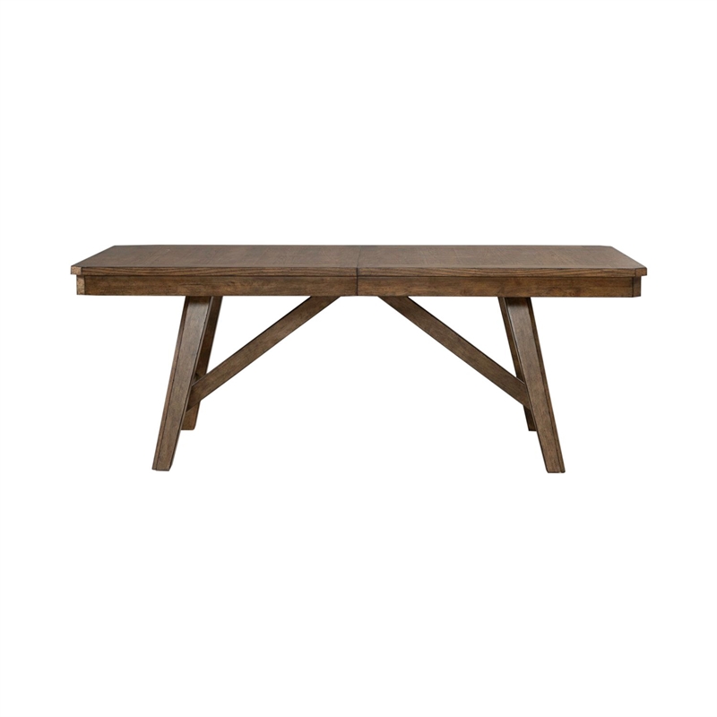 Pemberly Row Trestle Dining Table with 20 Inch Self Storing Leaf in Brown