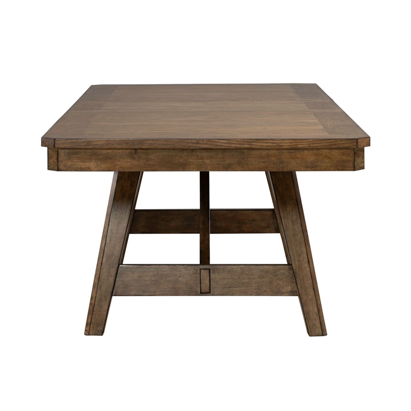 Pemberly Row Trestle Dining Table with 20 Inch Self Storing Leaf in Brown