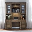 Pemberly Row Credenza and Hutch Desk Set with LED Lighting in Brown