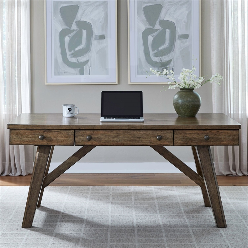 Pemberly Row Writing Desk with Flip Down Keyboard Tray in Brown