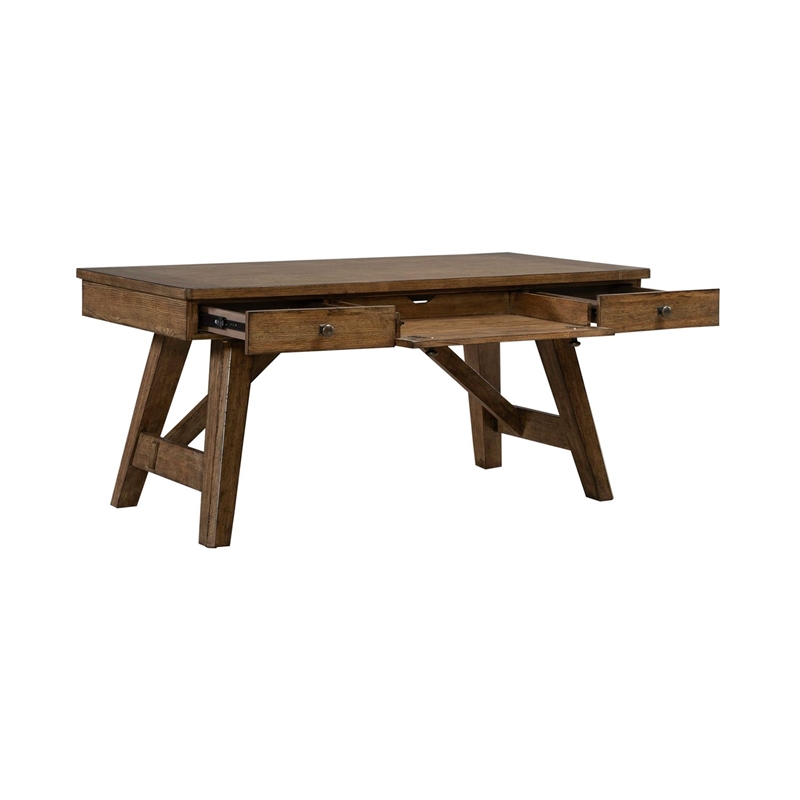 Pemberly Row Writing Desk with Flip Down Keyboard Tray in Brown
