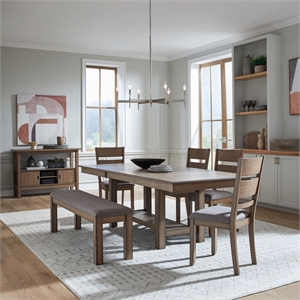 Pemberly Row 6 Piece Trestle Table Set with Chairs and Bench in Brown
