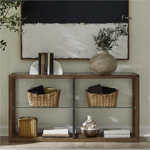 Pemberly Row Sofa Table with Glass Inserts and Floating Shelves in Brown