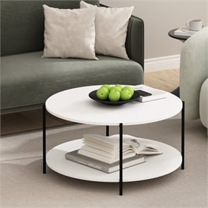 Pemberly Row 2-Tier Round Coffee Table with Metal Legs in Plain White