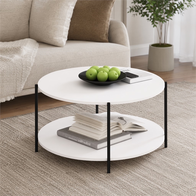 Pemberly Row 2-Tier Round Coffee Table with Metal Legs in Plain White