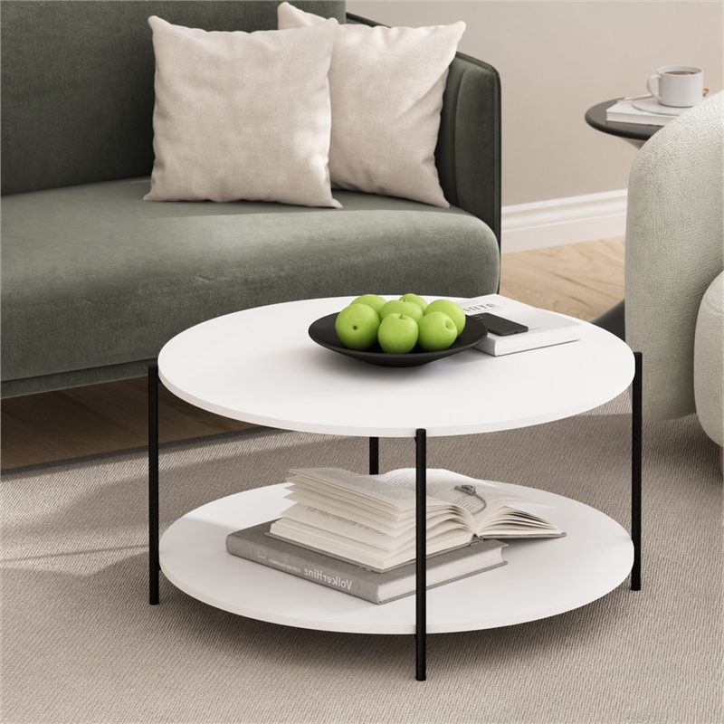 Pemberly Row 2-Tier Round Coffee Table with Metal Legs in Plain White