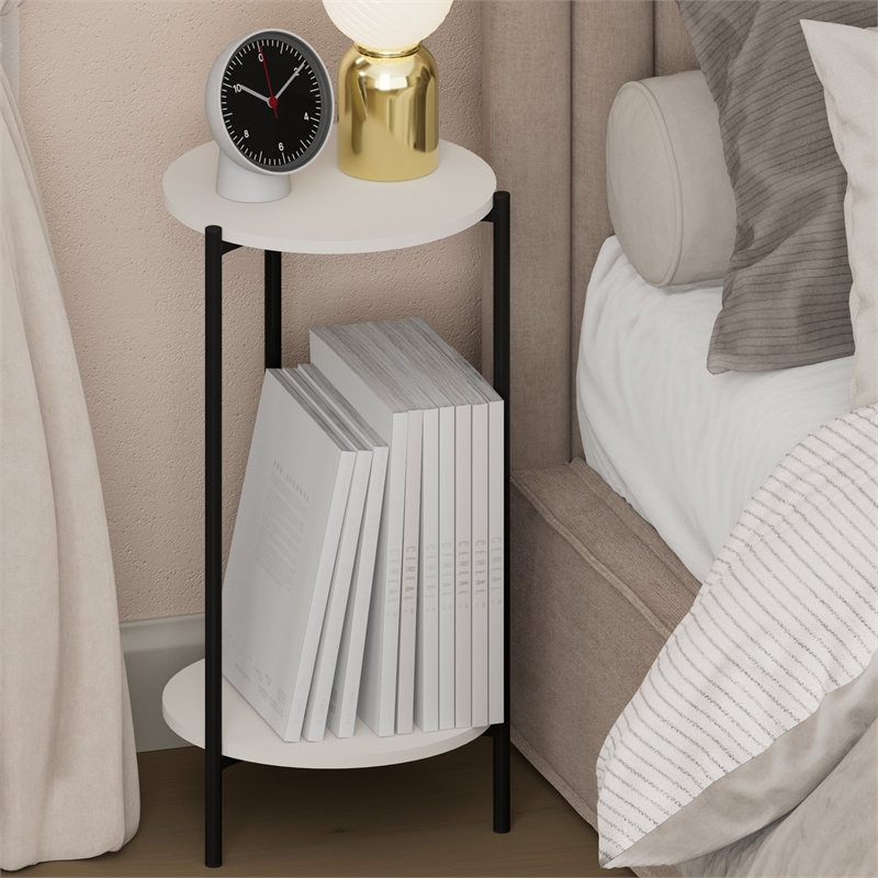 Pemberly Row 2-Tier Tall Metal Legs Round Open Shelf Nightstand in White