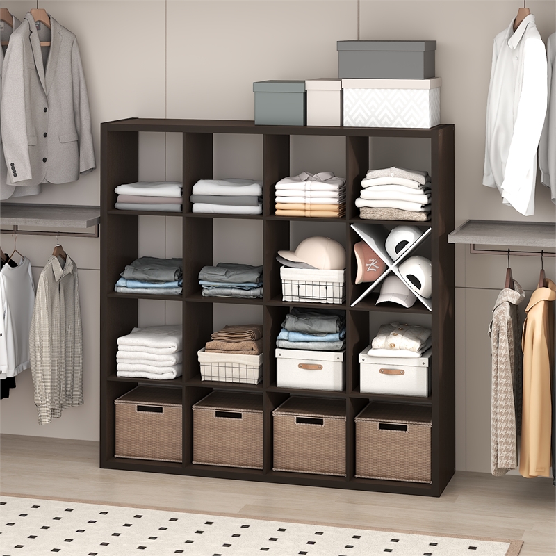 Pemberly Row 16-Cube Open Shelf Extra Thick Frame in Black Dark Oak