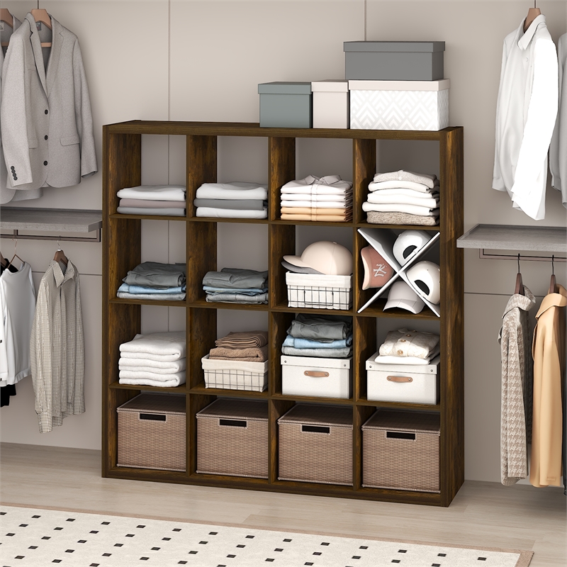 Pemberly Row 16-Cube Open Shelf Extra Thick Frame in Amber Pine