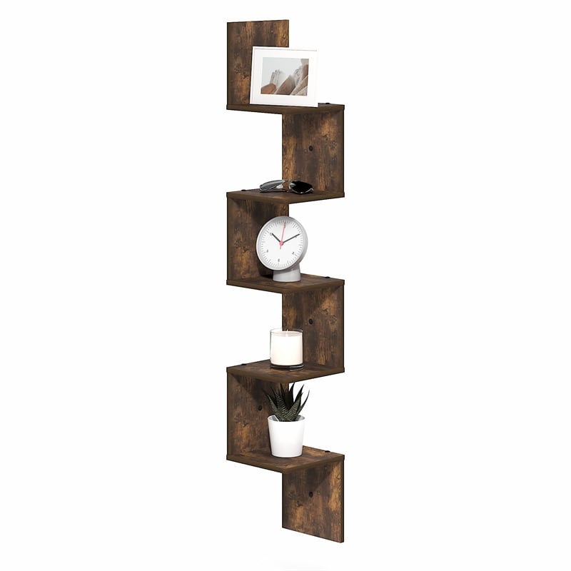 Pemberly Row 5-Tier Corner S-shape Radial Floating Book Shelf in Amber Pine