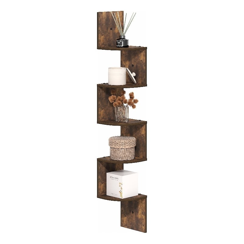 Pemberly Row 5-Tier Zigzag Corner Shelf Wall Mounted in Amber Pine