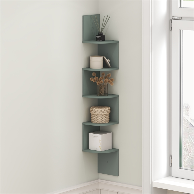 Pemberly Row 5-Tier Zigzag Corner Wall Shelf Floating Bookcase in Sage Green
