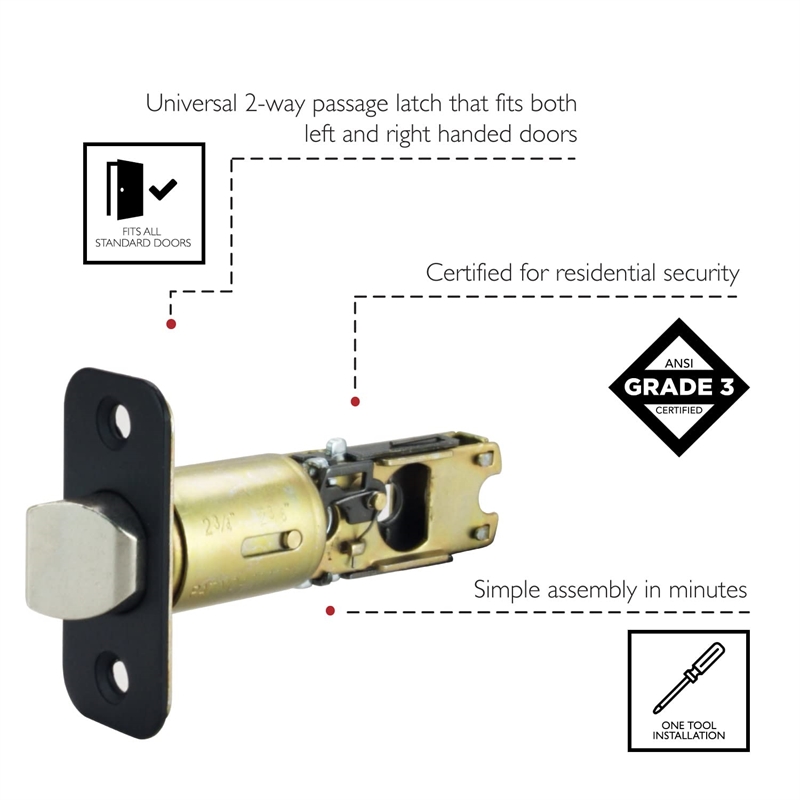 Pemberly Row Metal 2-Way Passage Door Latch in Matte Black