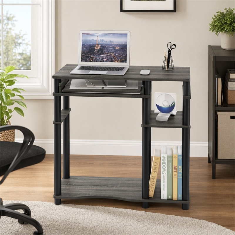 Pemberly Row Wood Computer Desk with Bookshelf in French Oak Gray/Black