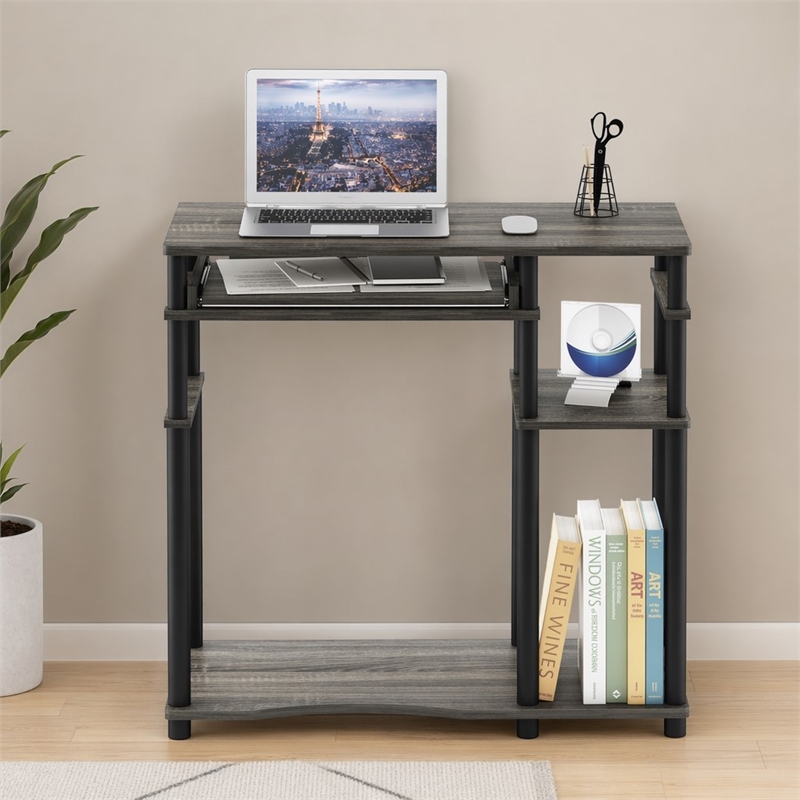 Pemberly Row Wood Computer Desk with Bookshelf in French Oak Gray/Black