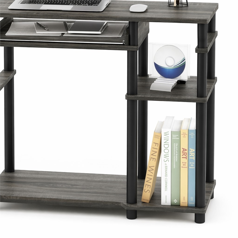 Pemberly Row Wood Computer Desk with Bookshelf in French Oak Gray/Black