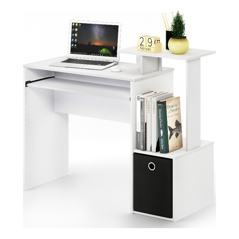 Pemberly Row Gaming Desk with Keyboard Tray and Storage Bin in Plain White