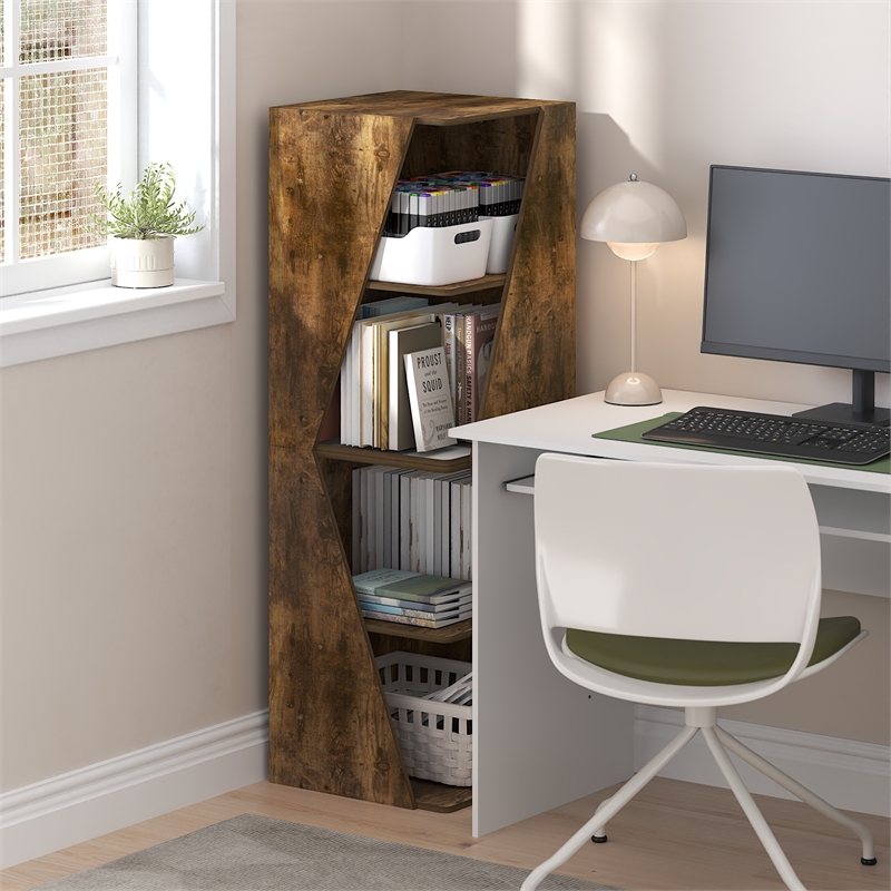 Pemberly Row Stackable 2-in-1 Bookshelf 4-Tier Corner Bookcase in Amber Pine