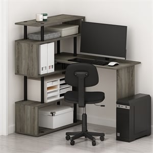 Pemberly Row 5-Tier L Shape Computer Desk with Zigzag Shelves in Grey Oak
