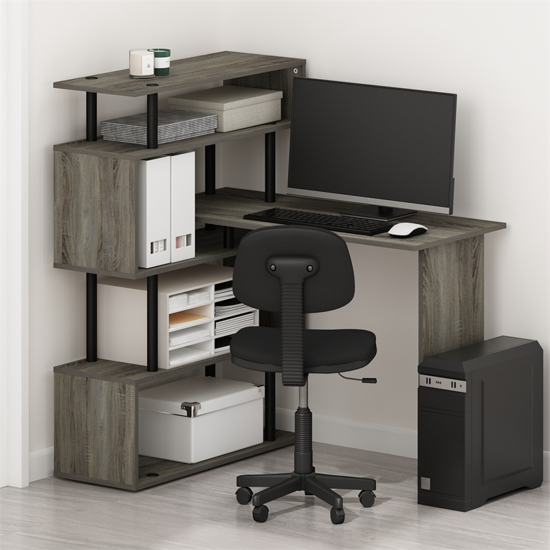 Pemberly Row 5-Tier L Shape Computer Desk with Zigzag Shelves in Grey Oak