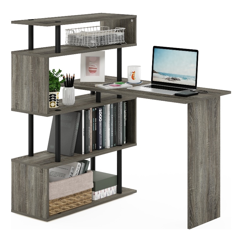 Pemberly Row 5-Tier L Shape Computer Desk with Zigzag Shelves in Grey Oak