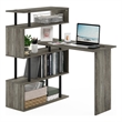 Pemberly Row 5-Tier L Shape Computer Desk with Zigzag Shelves in Grey Oak