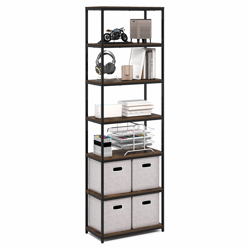 Pemberly Row 7-Tier Metal Frame Bookcases 11.8 x 23.6 x 74.9 in Amber Pine