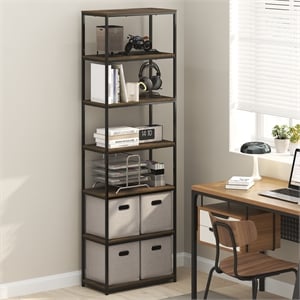Pemberly Row 7-Tier Metal Frame Bookcases 11.8 x 23.6 x 74.9 in Amber Pine