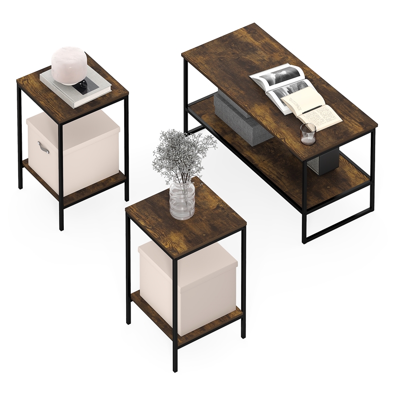 Pemberly Row Set of 3 Metal Frame 2-Tier Coffee Table in Amber Pine