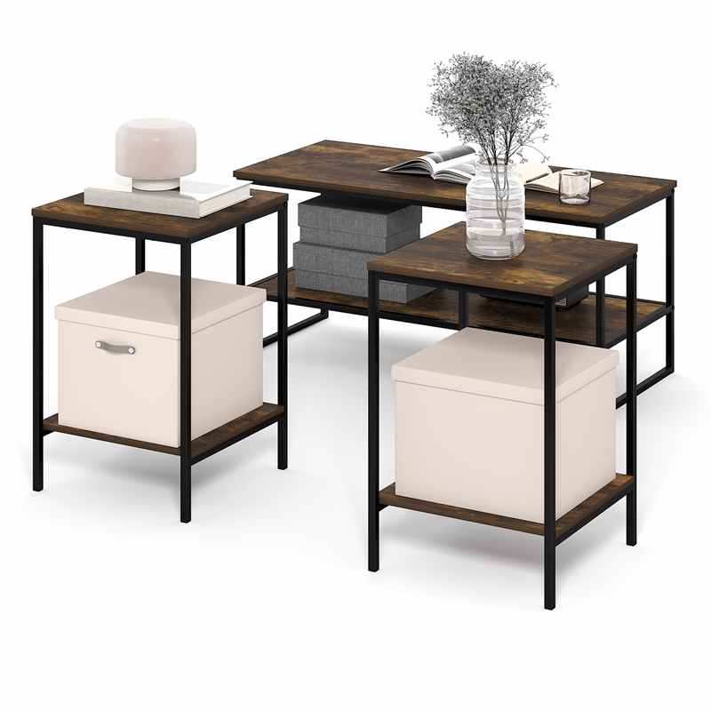 Pemberly Row Set of 3 Metal Frame 2-Tier Coffee Table in Amber Pine