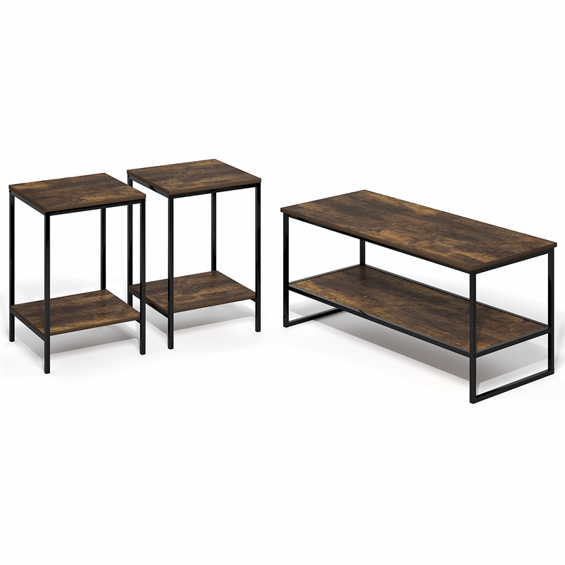 Pemberly Row Set of 3 Metal Frame 2-Tier Coffee Table in Amber Pine