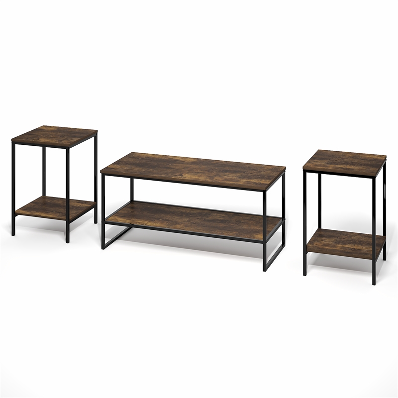 Pemberly Row Set of 3 Metal Frame 2-Tier Coffee Table in Amber Pine